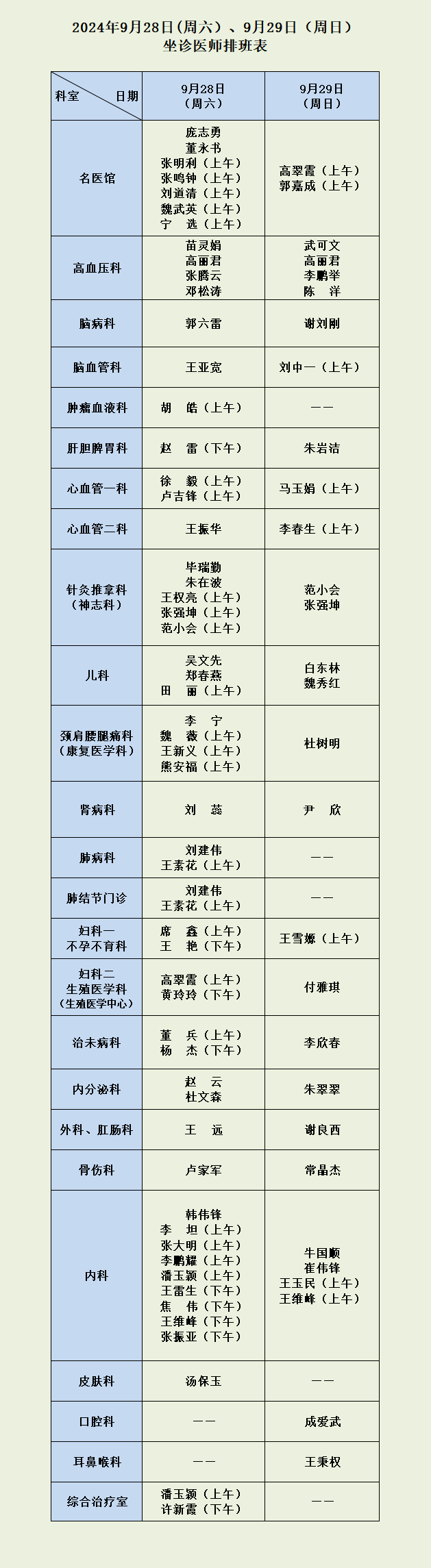 河南省中西醫(yī)結(jié)合醫(yī)院9月28日（周六）、9月29日（周日）坐診醫(yī)師排班表.png